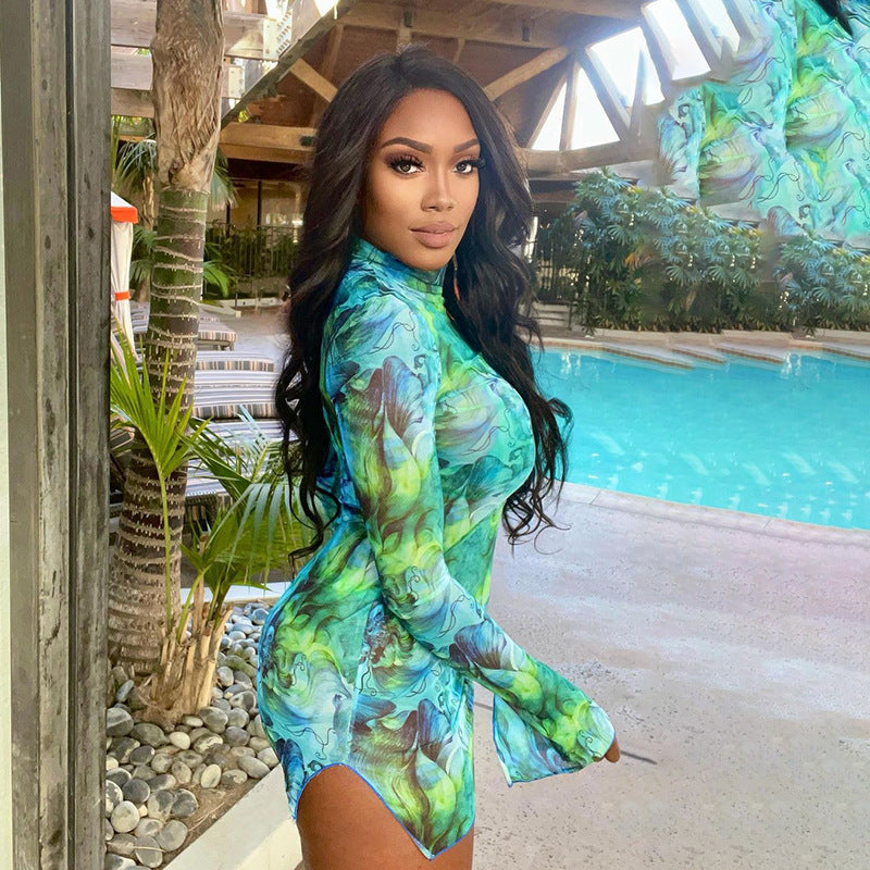 HADASSAH PRINTED MESH LONG SLEEVE MINI DRESS