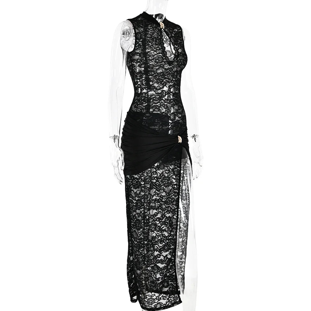 HOLLOW OUT HIGH SLIT LACE MAXI DRESS