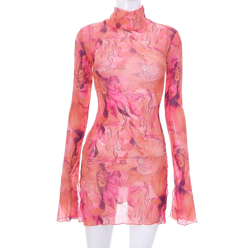 HADASSAH PRINTED MESH LONG SLEEVE MINI DRESS