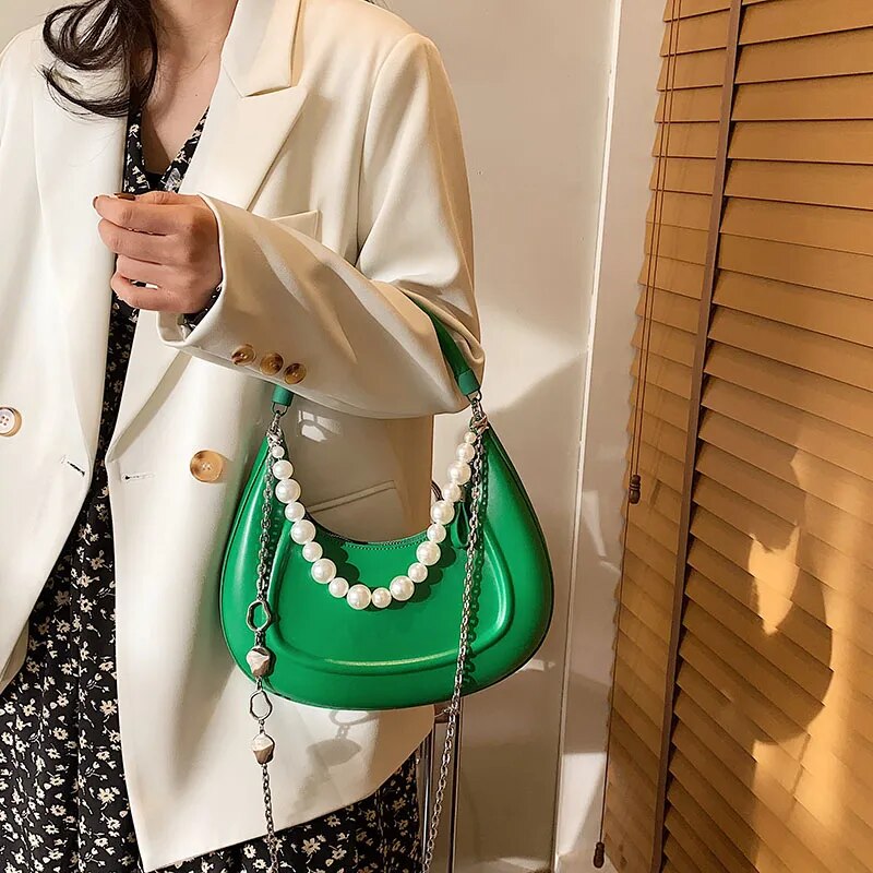 AMYRA CURVED HANDBAG with PEARLS