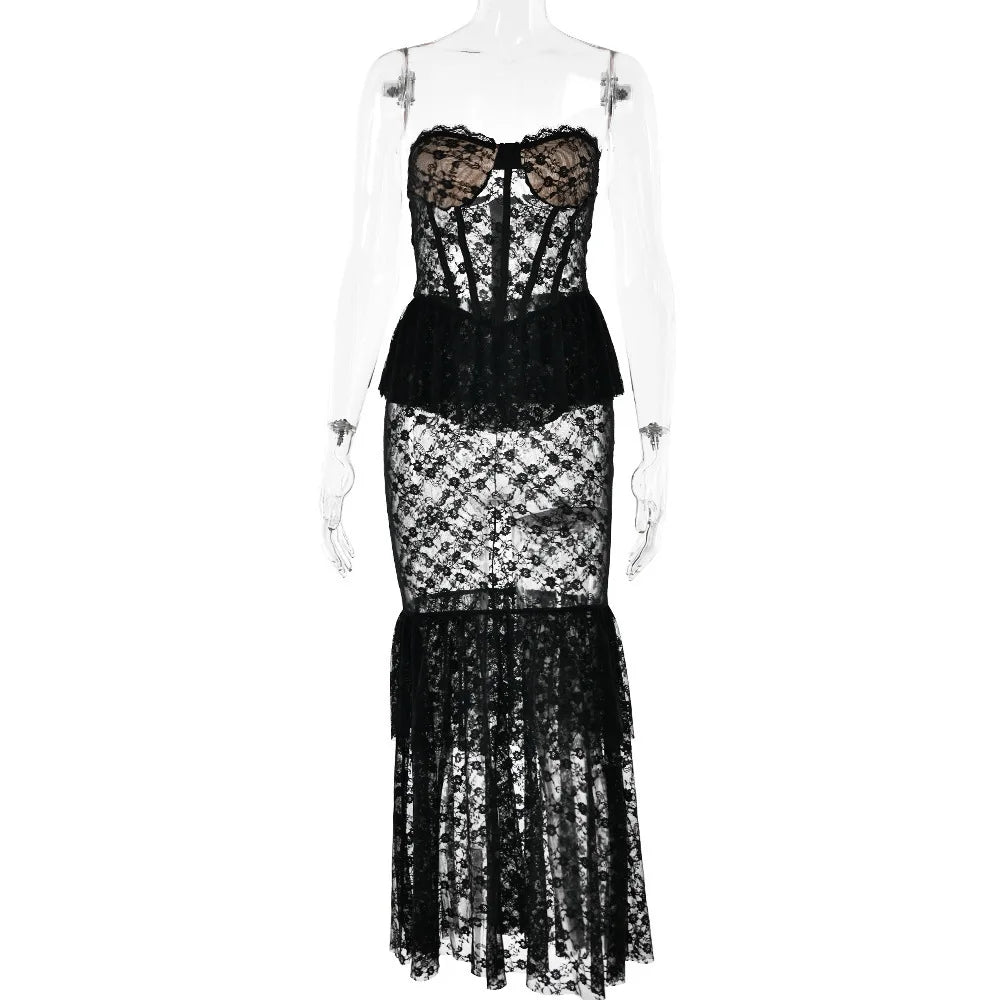 LACE RUFFLE EDGE MAXI DRESS