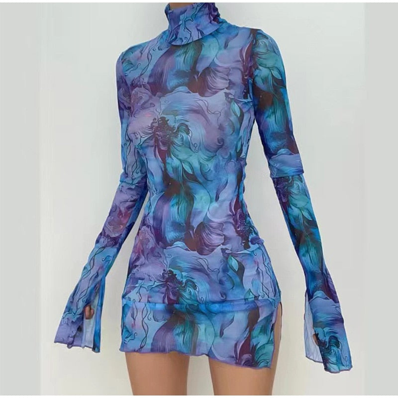 HADASSAH PRINTED MESH LONG SLEEVE MINI DRESS