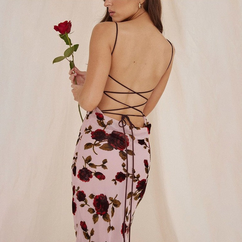 JAZMIN ROSE PRINT BACKLESS LACE UP MAXI DRESS
