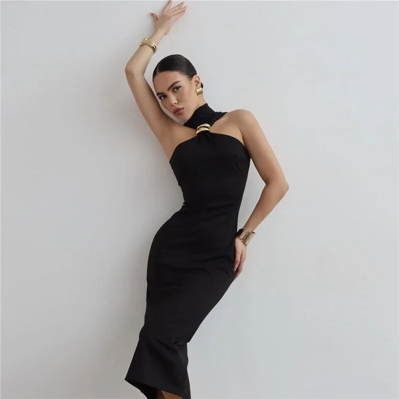 TURTLENECK OFF-SHOULDER BLACK MIDI DRESS