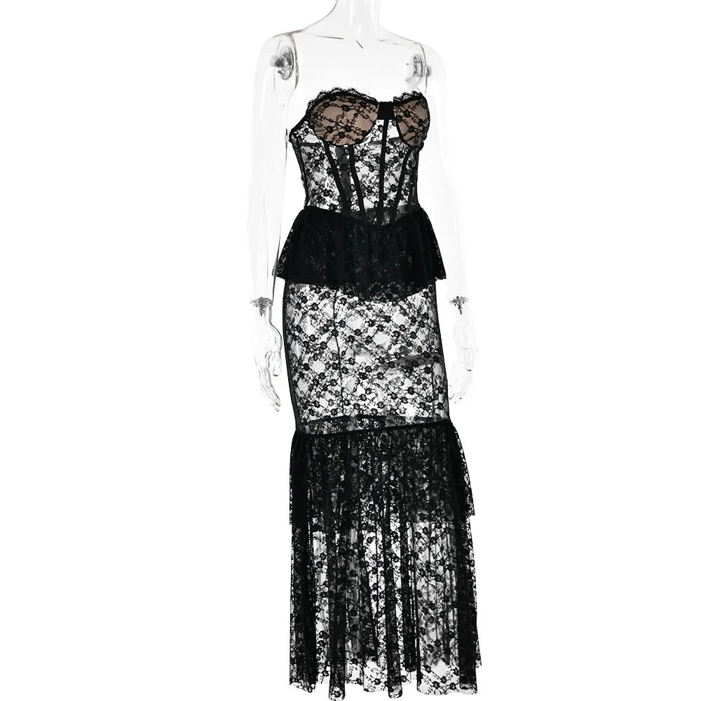 LACE RUFFLE EDGE MAXI DRESS