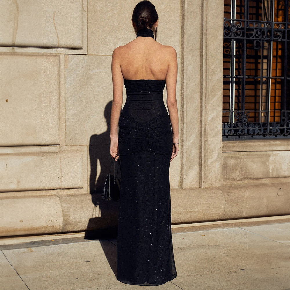 DENCA GLITTER MESH PLEATED MAXI DRESS