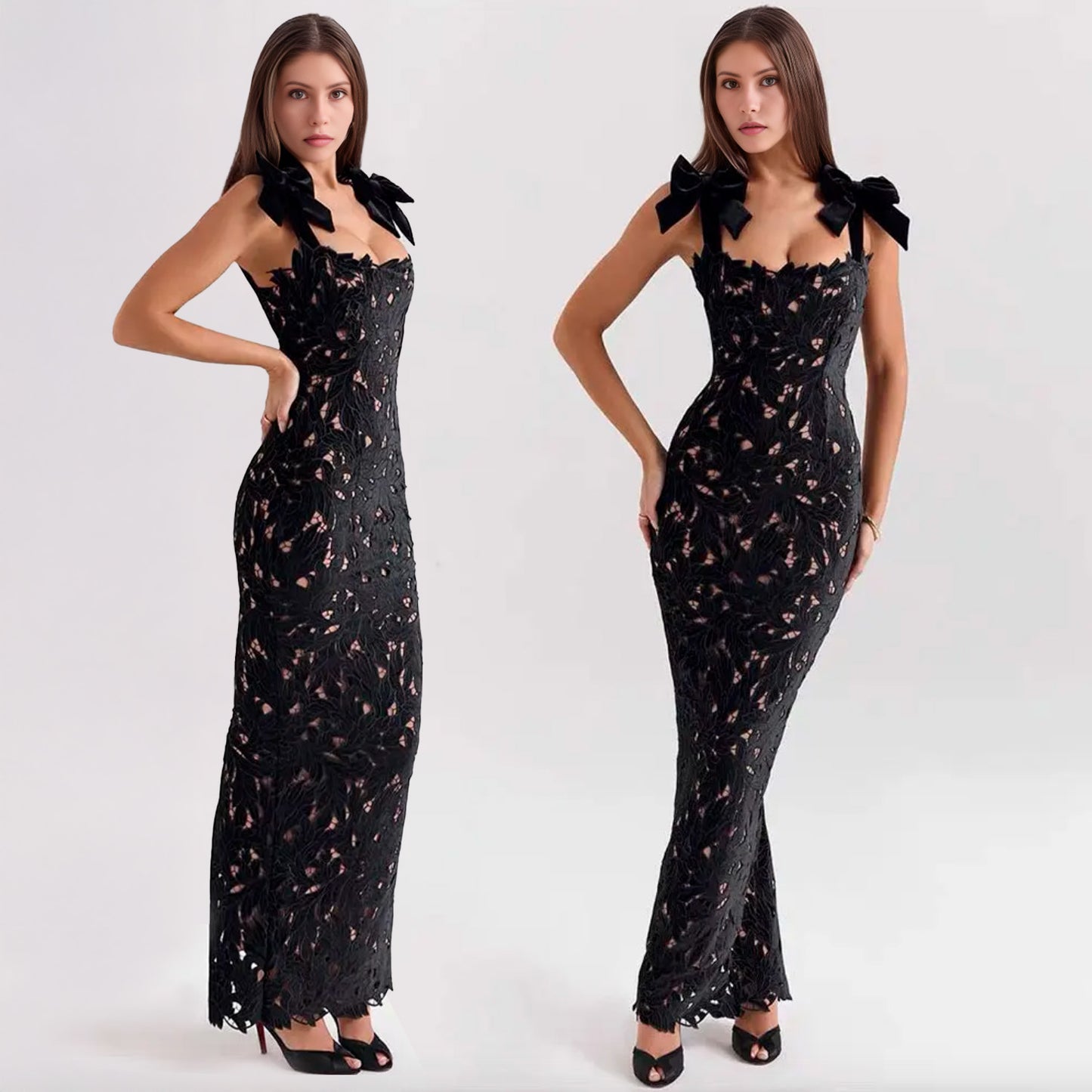 BOWS STRAPS LACE MAXI DRESS