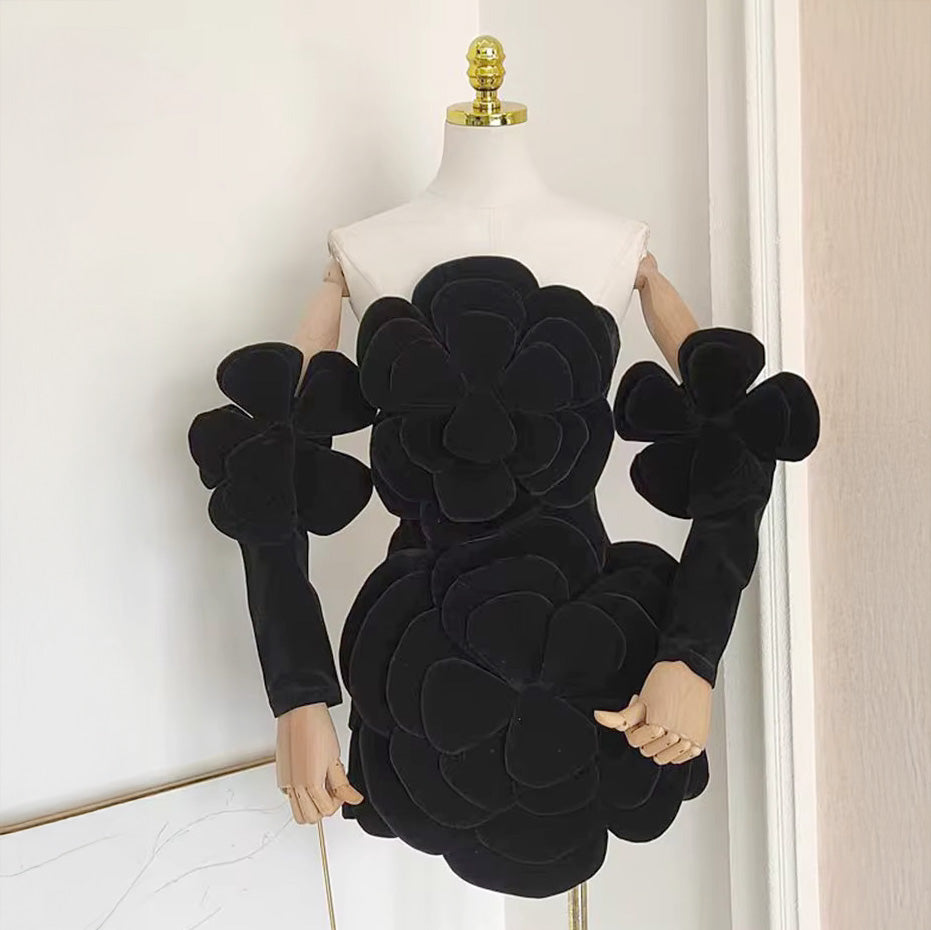PATCHWORK FLOWER VELVET MINI DRESS with SLEEVES
