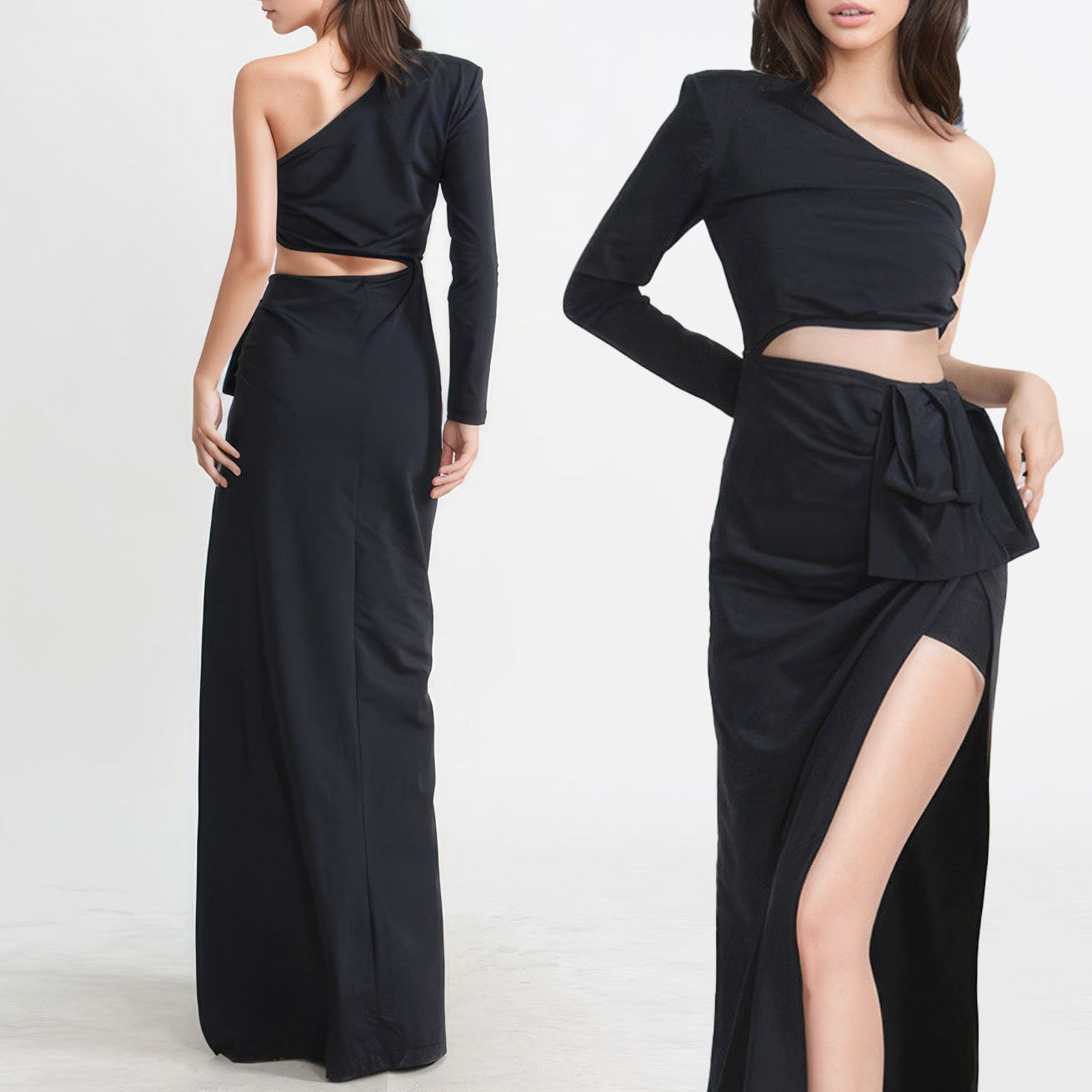 ALIA MAXI BLACK ONE SHOULDER HIGHT SLIT CUT OUT DRESS