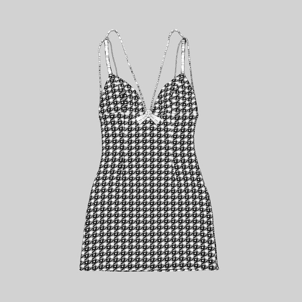 ESTELLA HOUNDSTOOTH V NECK CRYSTAL BOW TIE MINI DRESS
