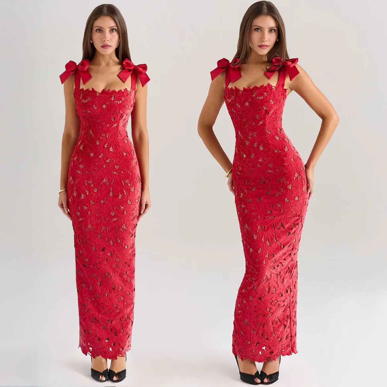 BOWS STRAPS LACE MAXI DRESS
