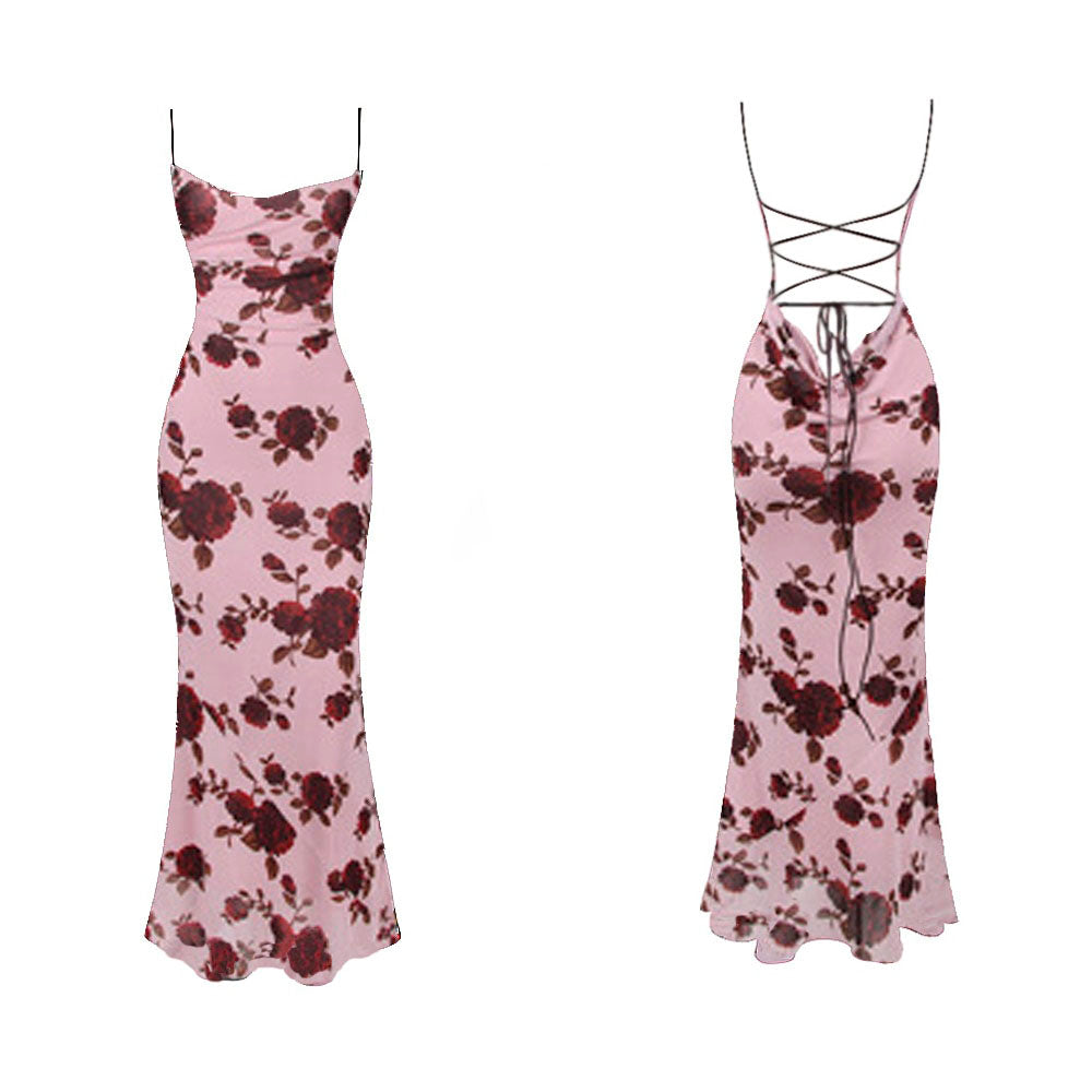 JAZMIN ROSE PRINT BACKLESS LACE UP MAXI DRESS