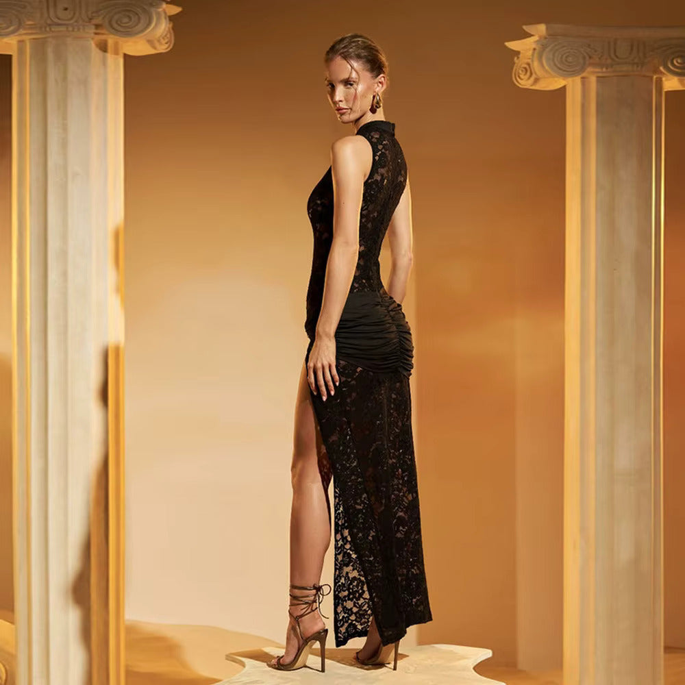 HOLLOW OUT HIGH SLIT LACE MAXI DRESS