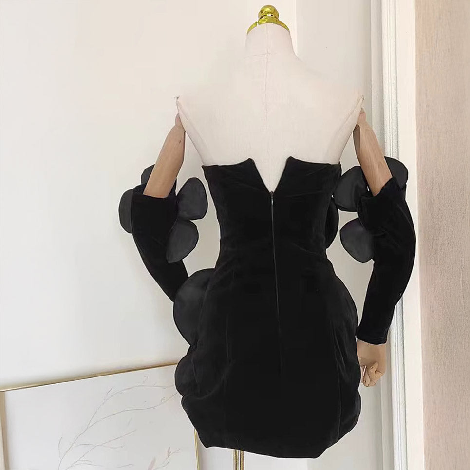 PATCHWORK FLOWER VELVET MINI DRESS with SLEEVES