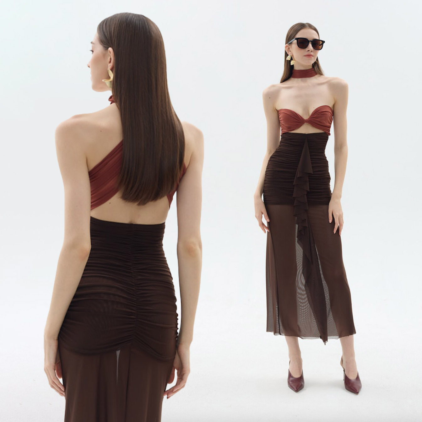 ABBY RUCHED HOLLOW OUT AUBURN MIDI DRESS