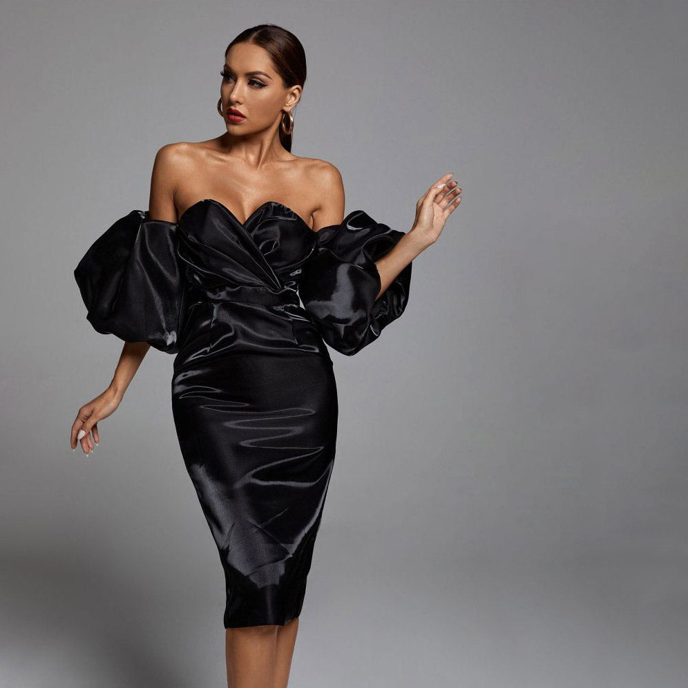 ELLIANNA PUFF SLEEVE SATIN MIDI DRESS
