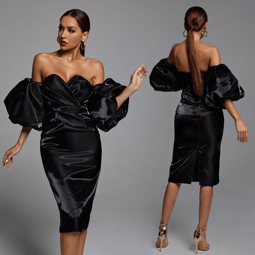 ELLIANNA PUFF SLEEVE SATIN MIDI DRESS