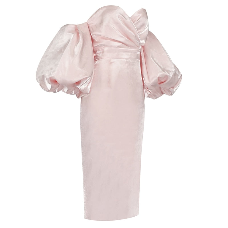 ELLIANNA PUFF SLEEVE SATIN MIDI DRESS
