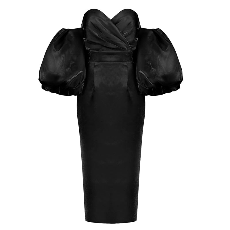ELLIANNA PUFF SLEEVE SATIN MIDI DRESS