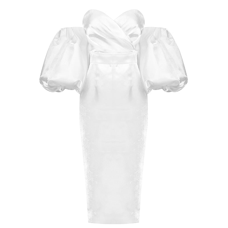 ELLIANNA PUFF SLEEVE SATIN MIDI DRESS