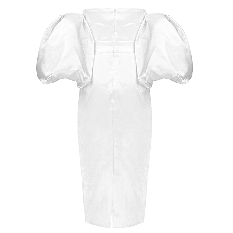 ELLIANNA PUFF SLEEVE SATIN MIDI DRESS