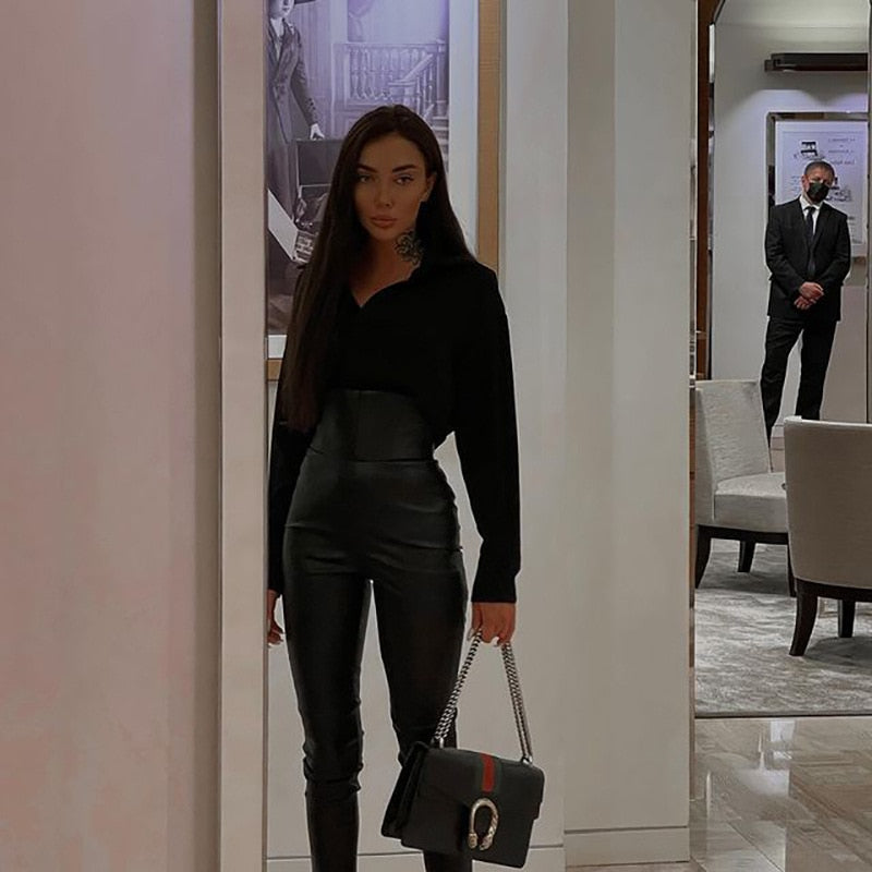 LUCKY BLACK PU LEATHER HIGH WAISTE PANTS