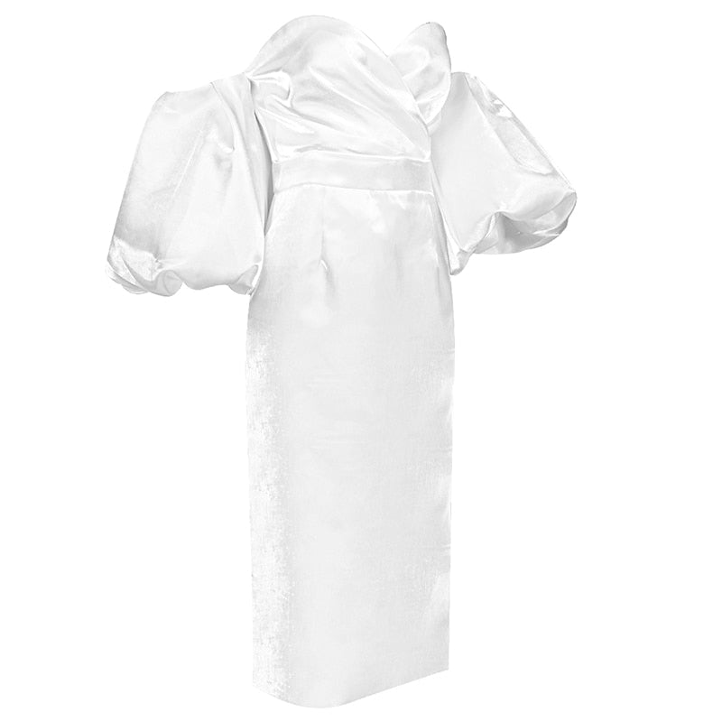 ELLIANNA PUFF SLEEVE SATIN MIDI DRESS