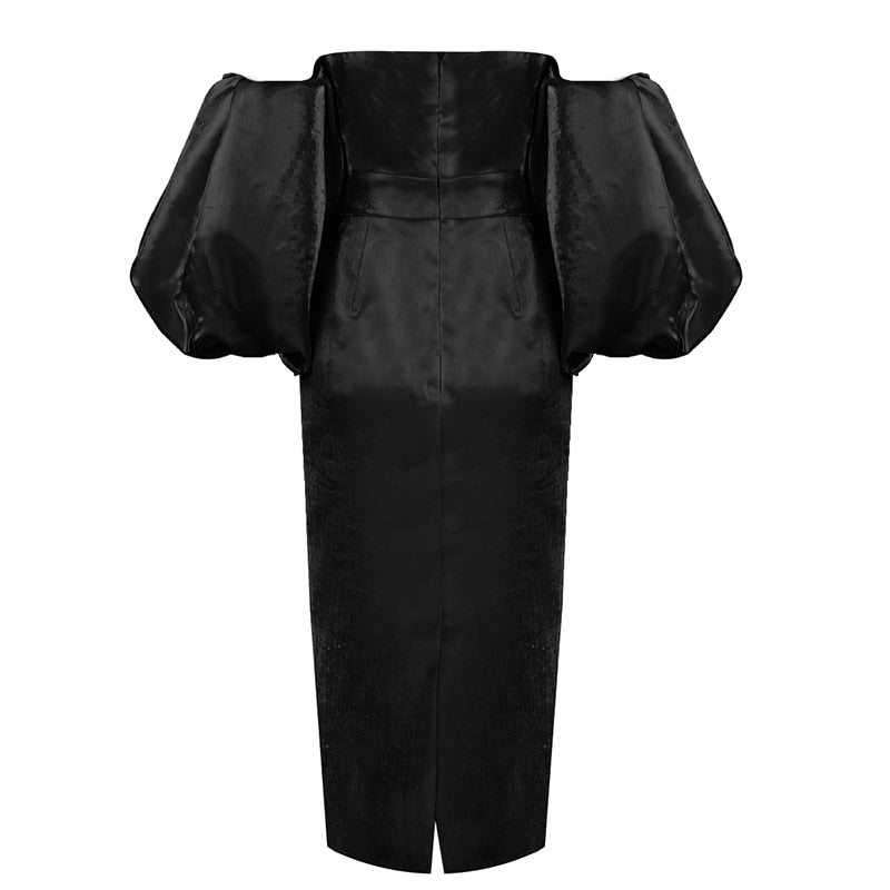 ELLIANNA PUFF SLEEVE SATIN MIDI DRESS