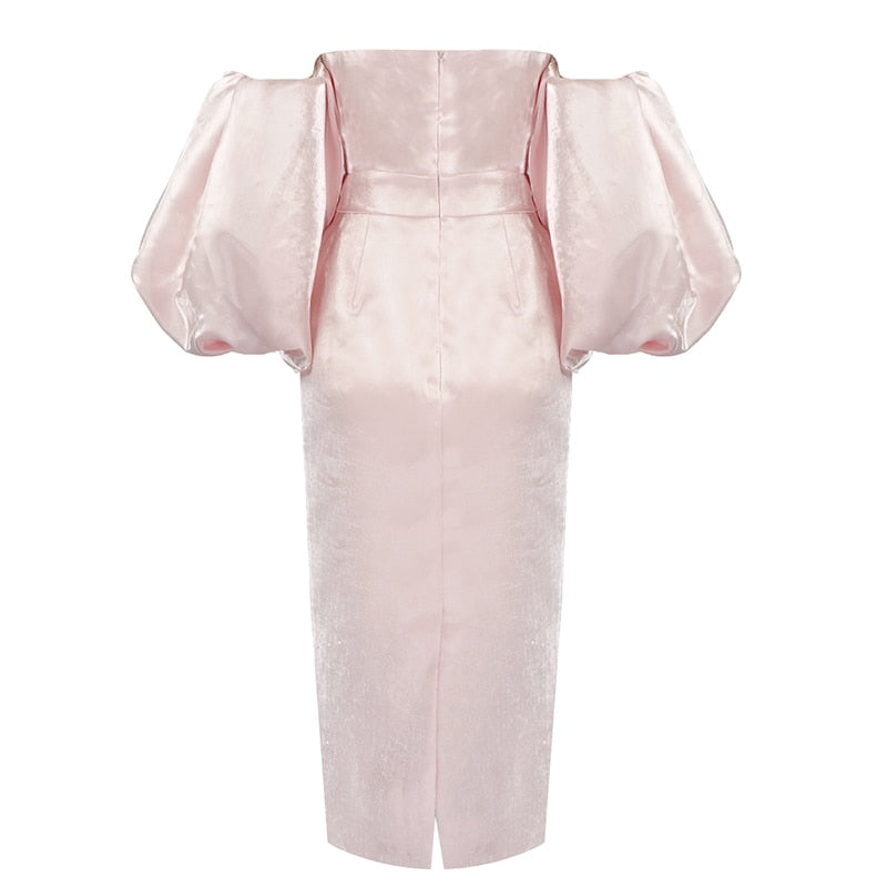 ELLIANNA PUFF SLEEVE SATIN MIDI DRESS