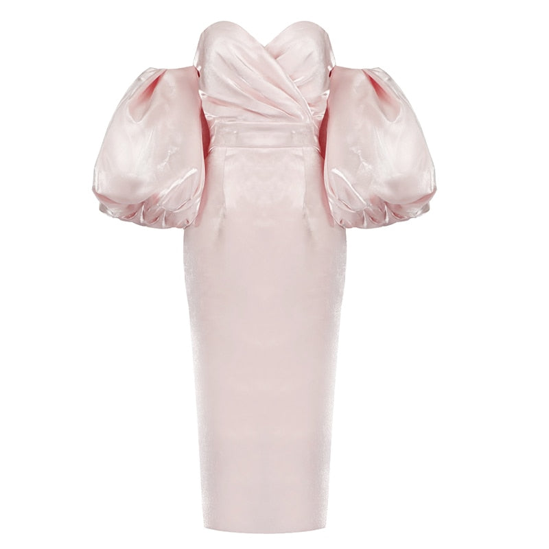 ELLIANNA PUFF SLEEVE SATIN MIDI DRESS