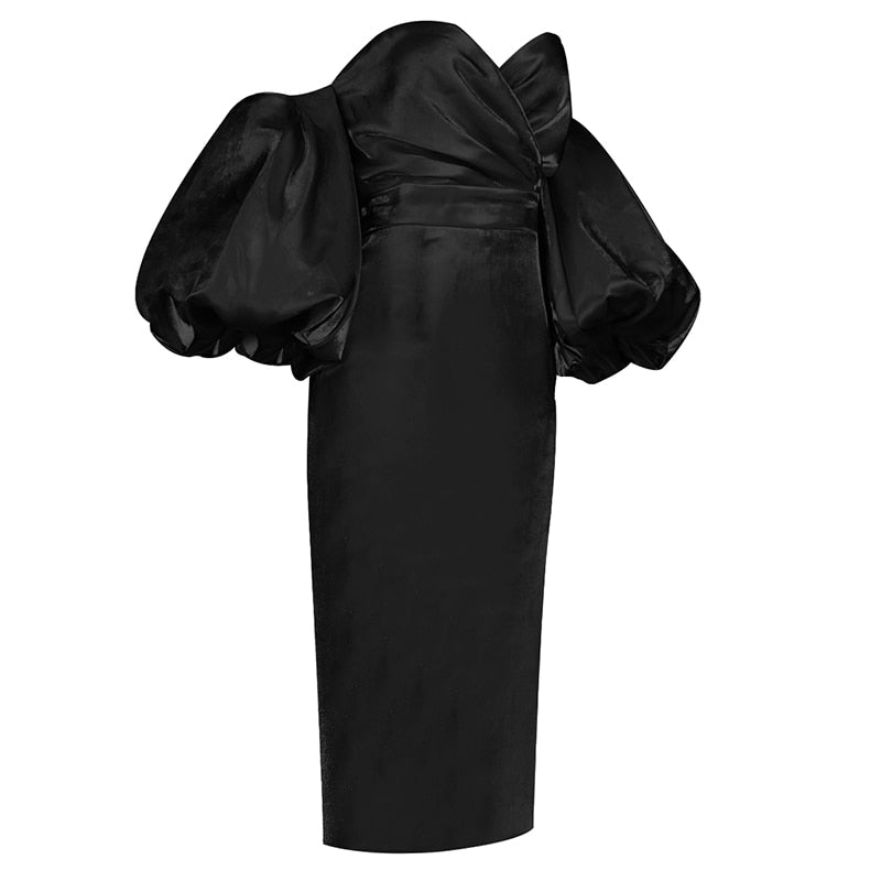 ELLIANNA PUFF SLEEVE SATIN MIDI DRESS