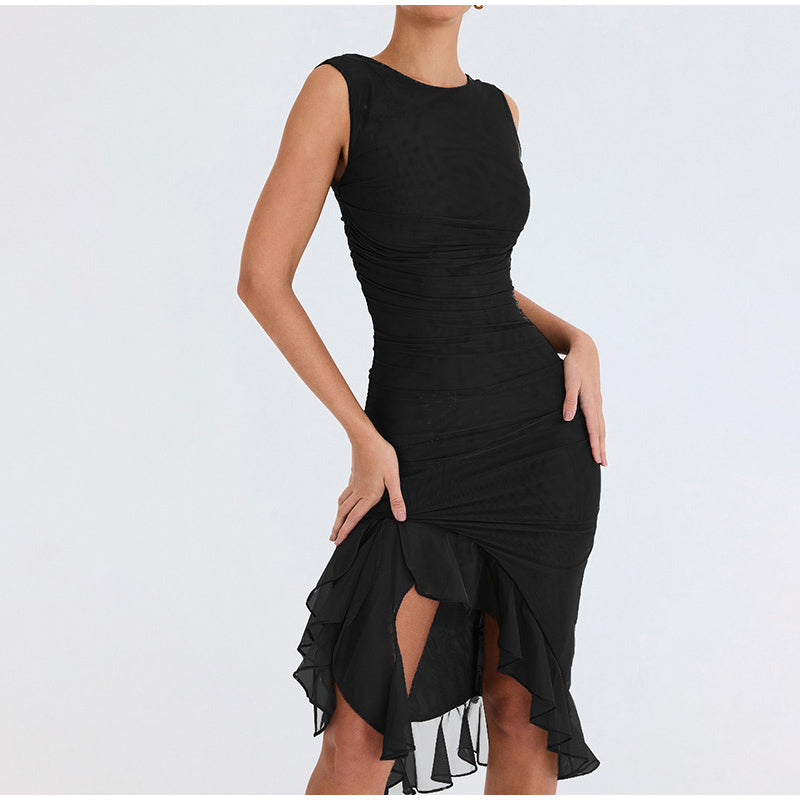 SKYLA RUFFLE RUCHED MIDI DRESS