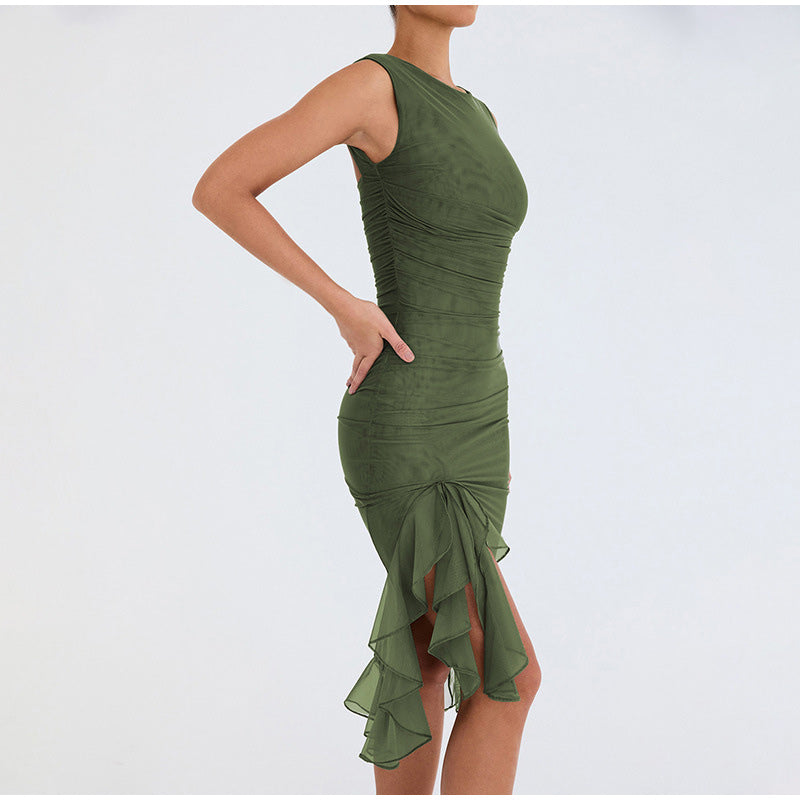SKYLA RUFFLE RUCHED MIDI DRESS