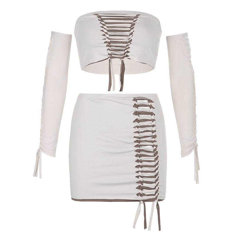 MICHAELA WICKER TOP MINI SKIRT and GLOVES 3 PIECE SET