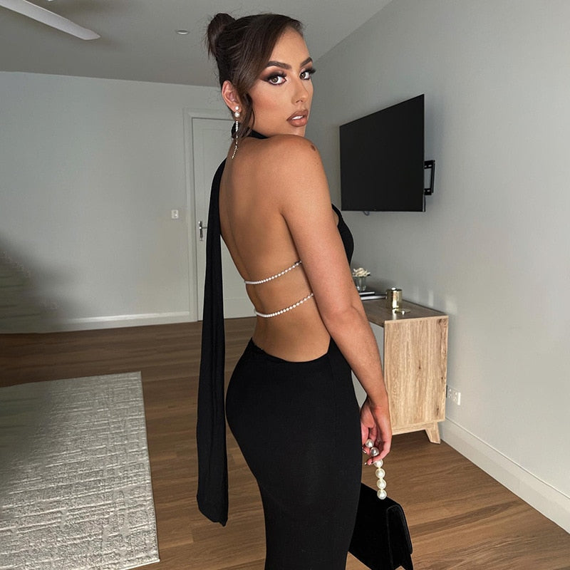 CHRISTINA PEARL BACKLESS MAXI DRESS