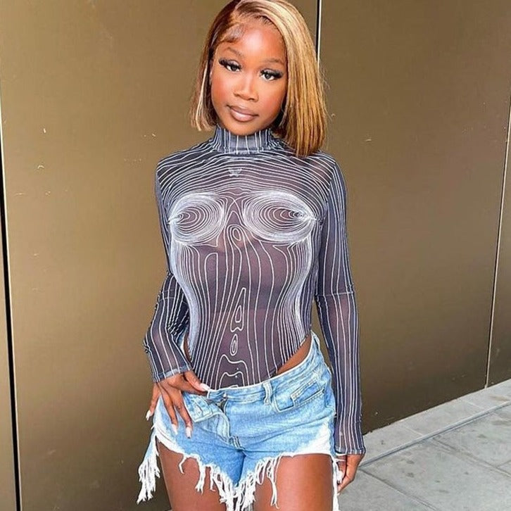 COLLIINS MESH PRINTED BODYSUIT