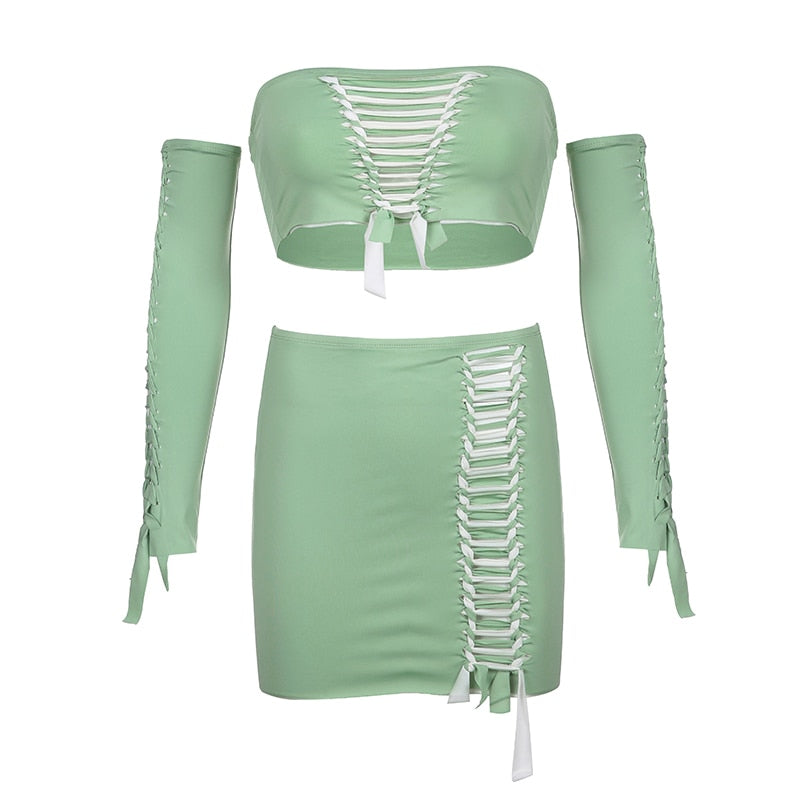 MICHAELA WICKER TOP MINI SKIRT and GLOVES 3 PIECE SET