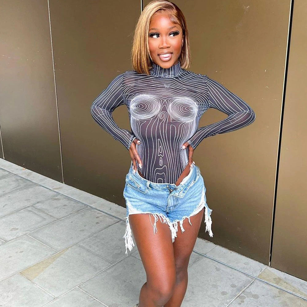 COLLIINS MESH PRINTED BODYSUIT