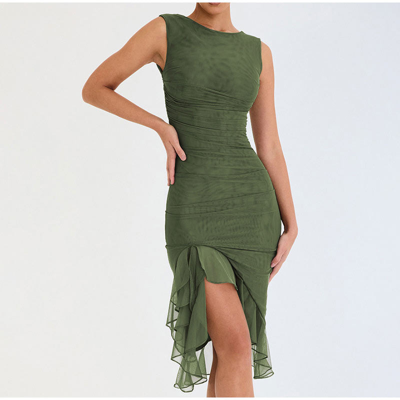 SKYLA RUFFLE RUCHED MIDI DRESS