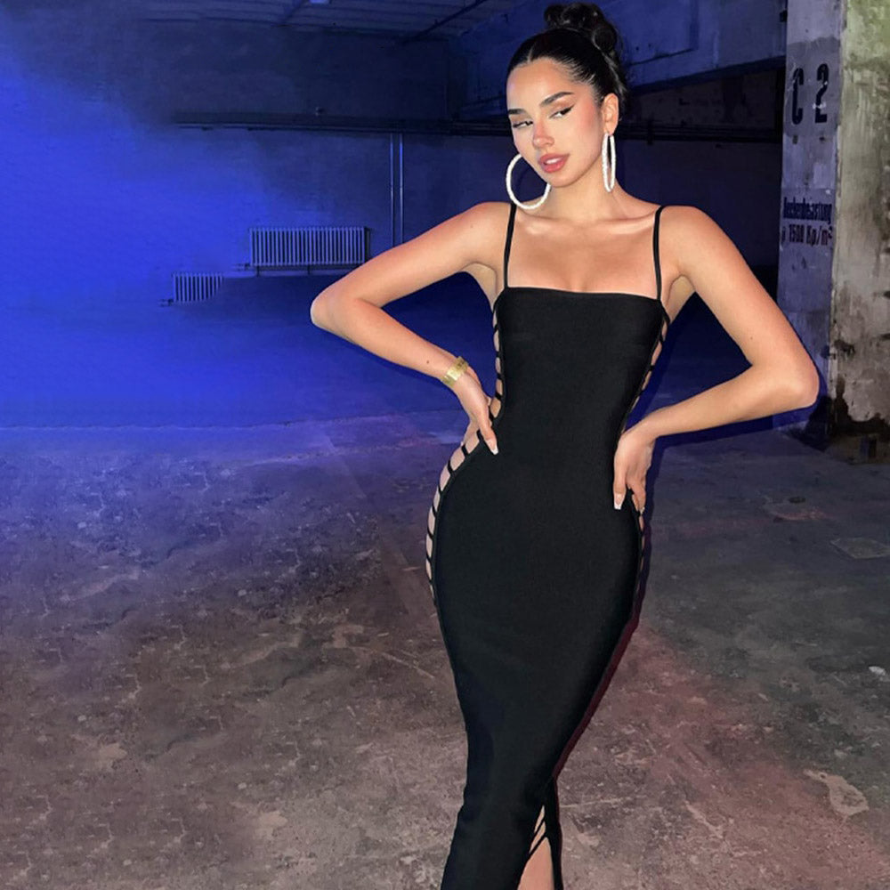 SUNNY STRAPS SIDE CUT OUT BLACK MAXI DRESS