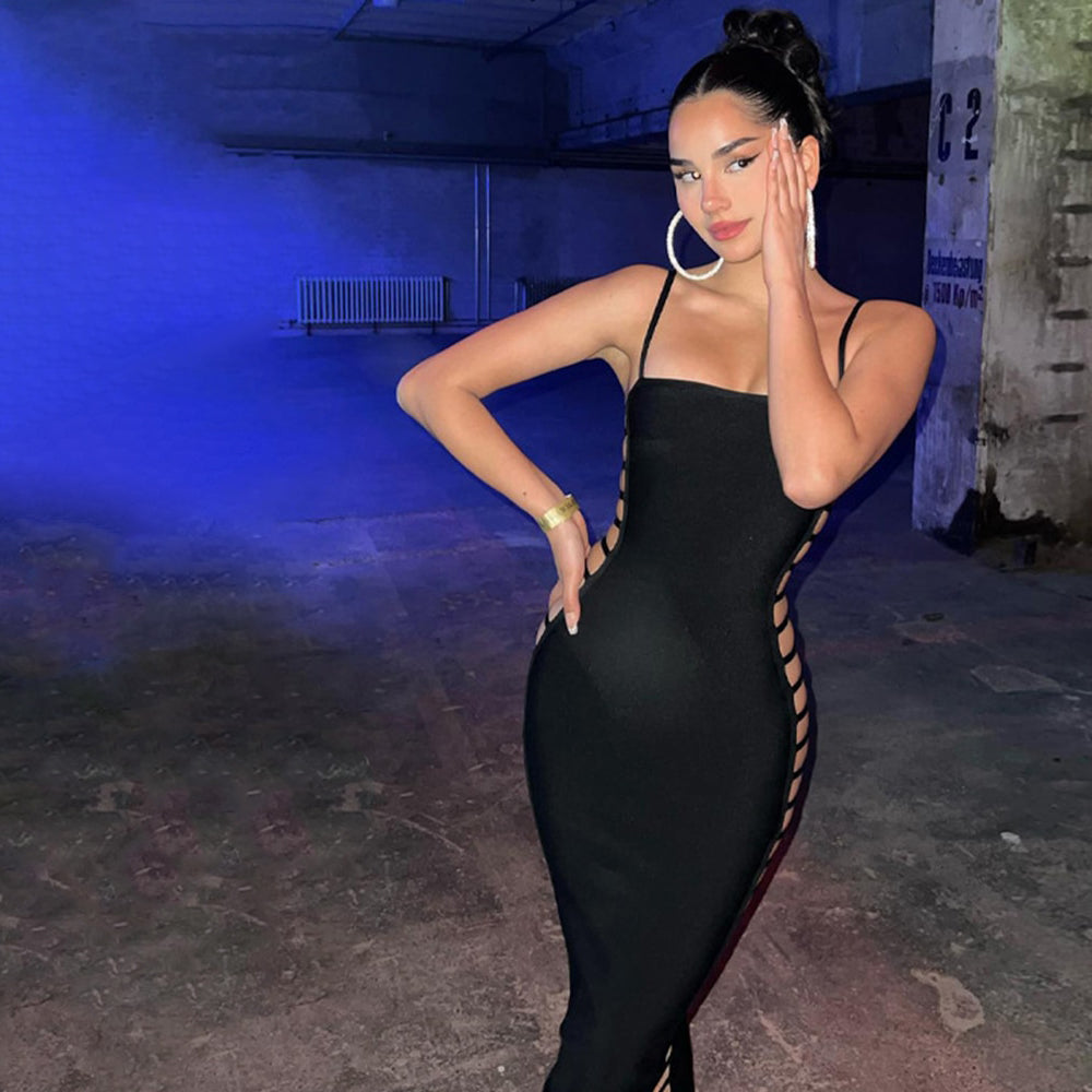 SUNNY STRAPS SIDE CUT OUT BLACK MAXI DRESS