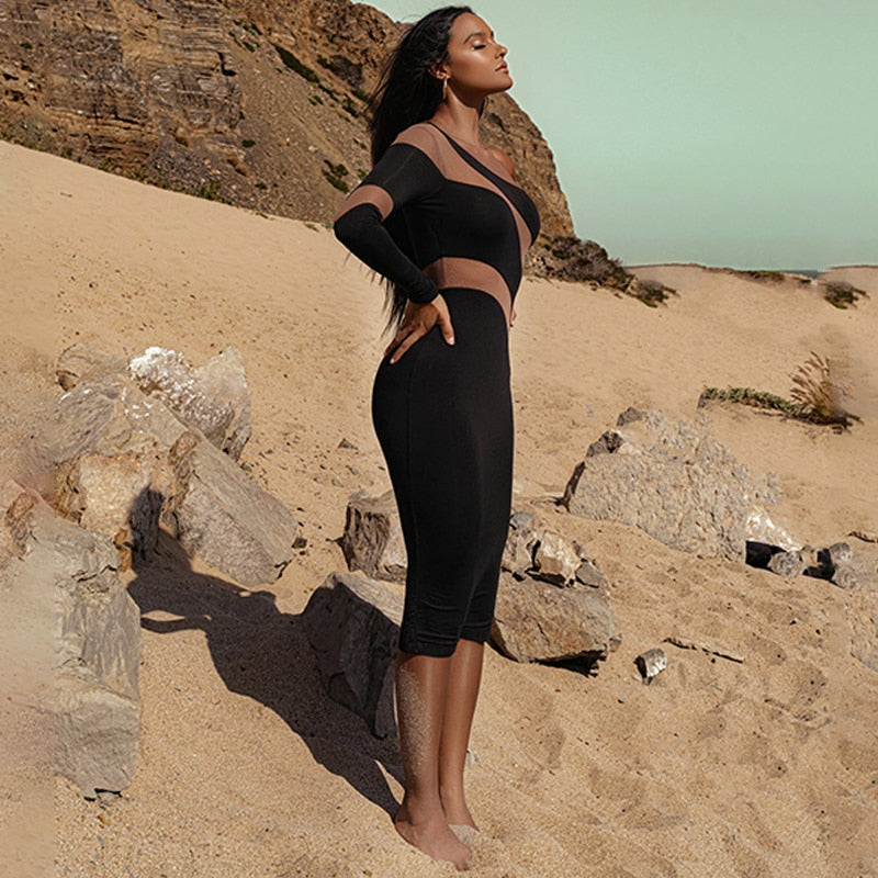NOA MESH STRIPES MIDI DRESS