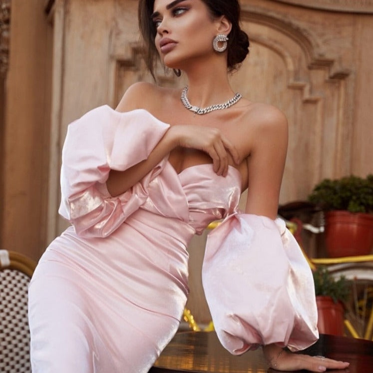 ELLIANNA PUFF SLEEVE SATIN MIDI DRESS