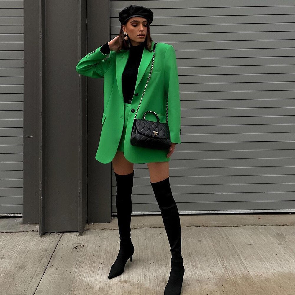 RYAN GREEN BLAZER and MINI SKIRT SUIT
