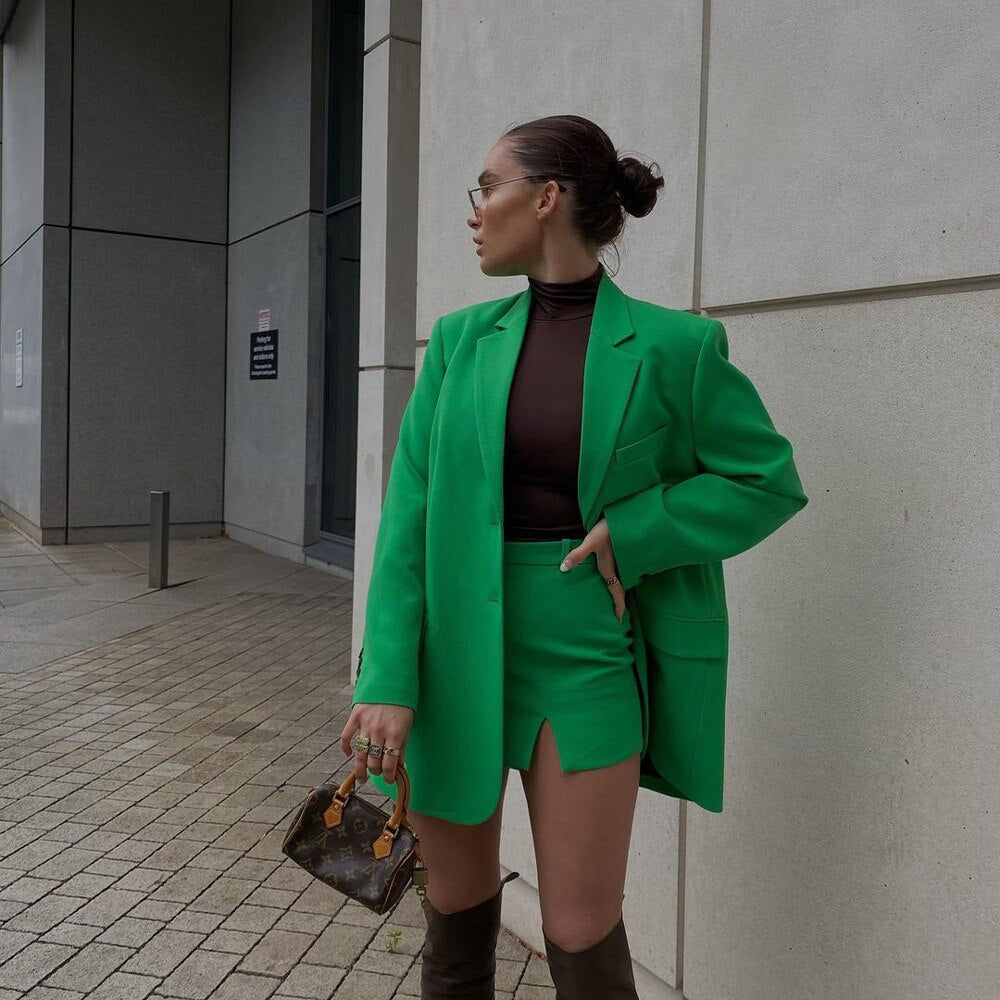 RYAN GREEN BLAZER and MINI SKIRT SUIT