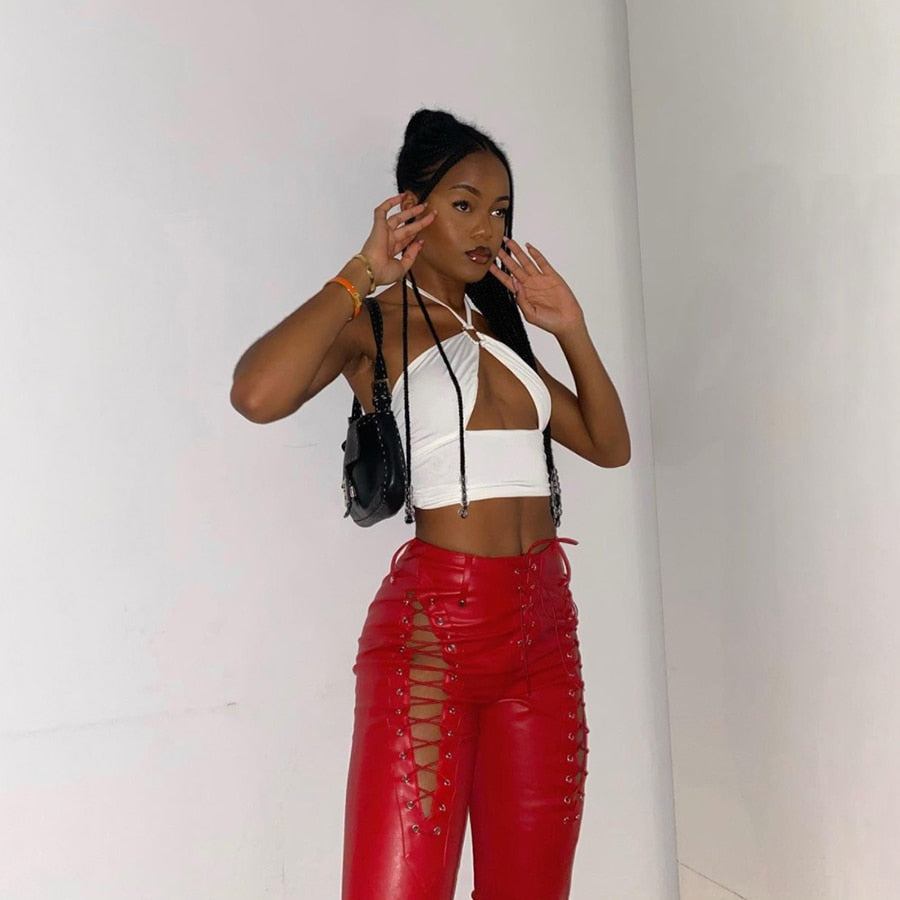 LYRA PU LEATHER CUTOUT MESH PANTS