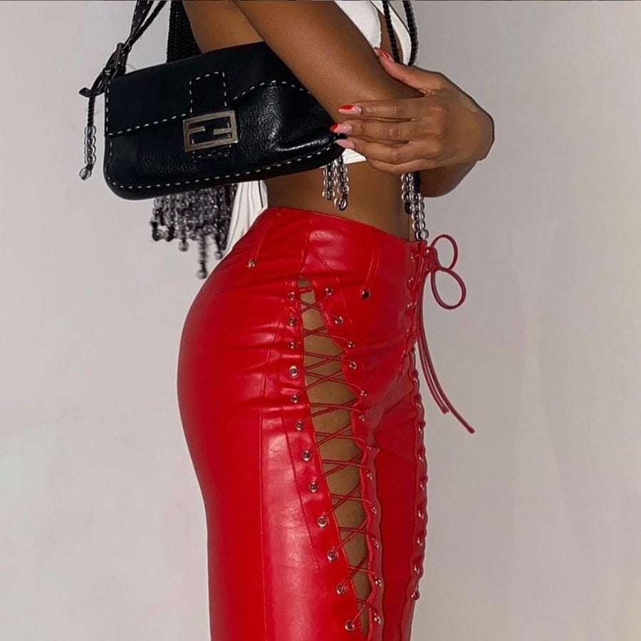 LYRA PU LEATHER CUTOUT MESH PANTS