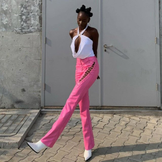 LYRA PU LEATHER CUTOUT MESH PANTS