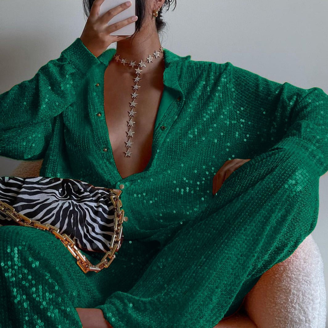MAREN SPARKLING SHIRT PANTS and BRA 3 PIECE SET