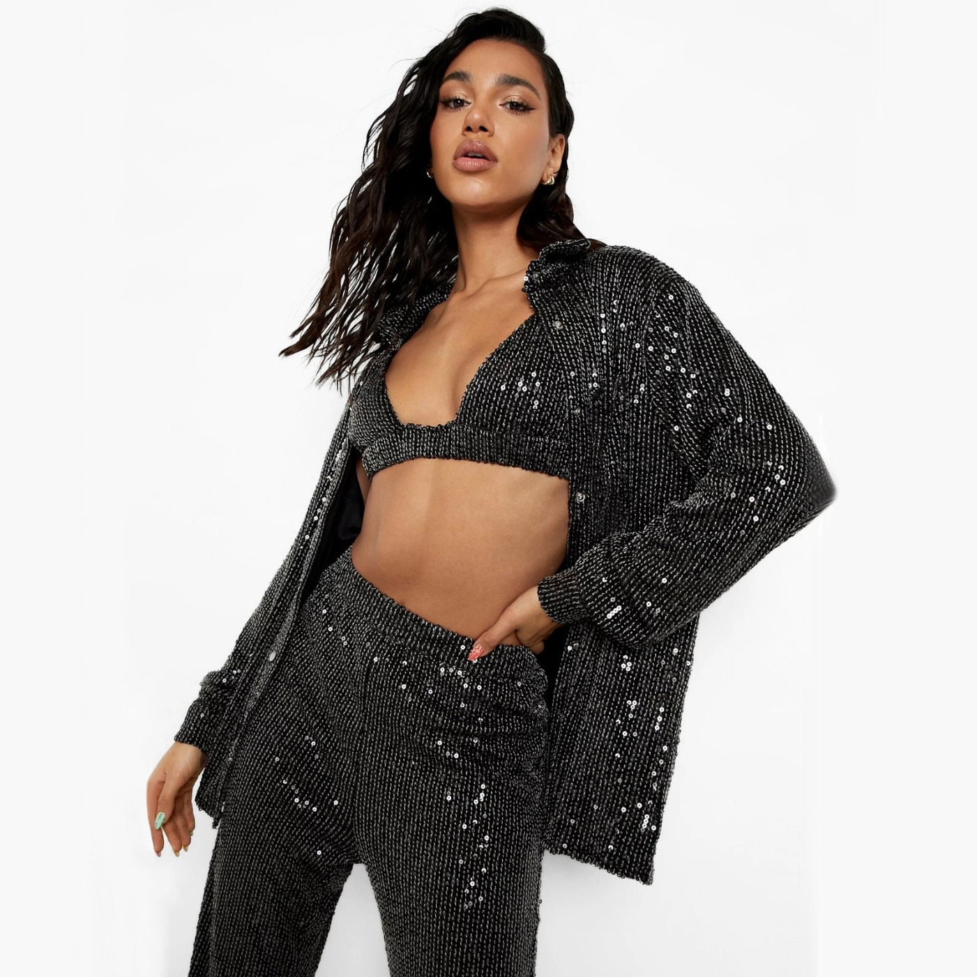 MAREN SPARKLING SHIRT PANTS and BRA 3 PIECE SET